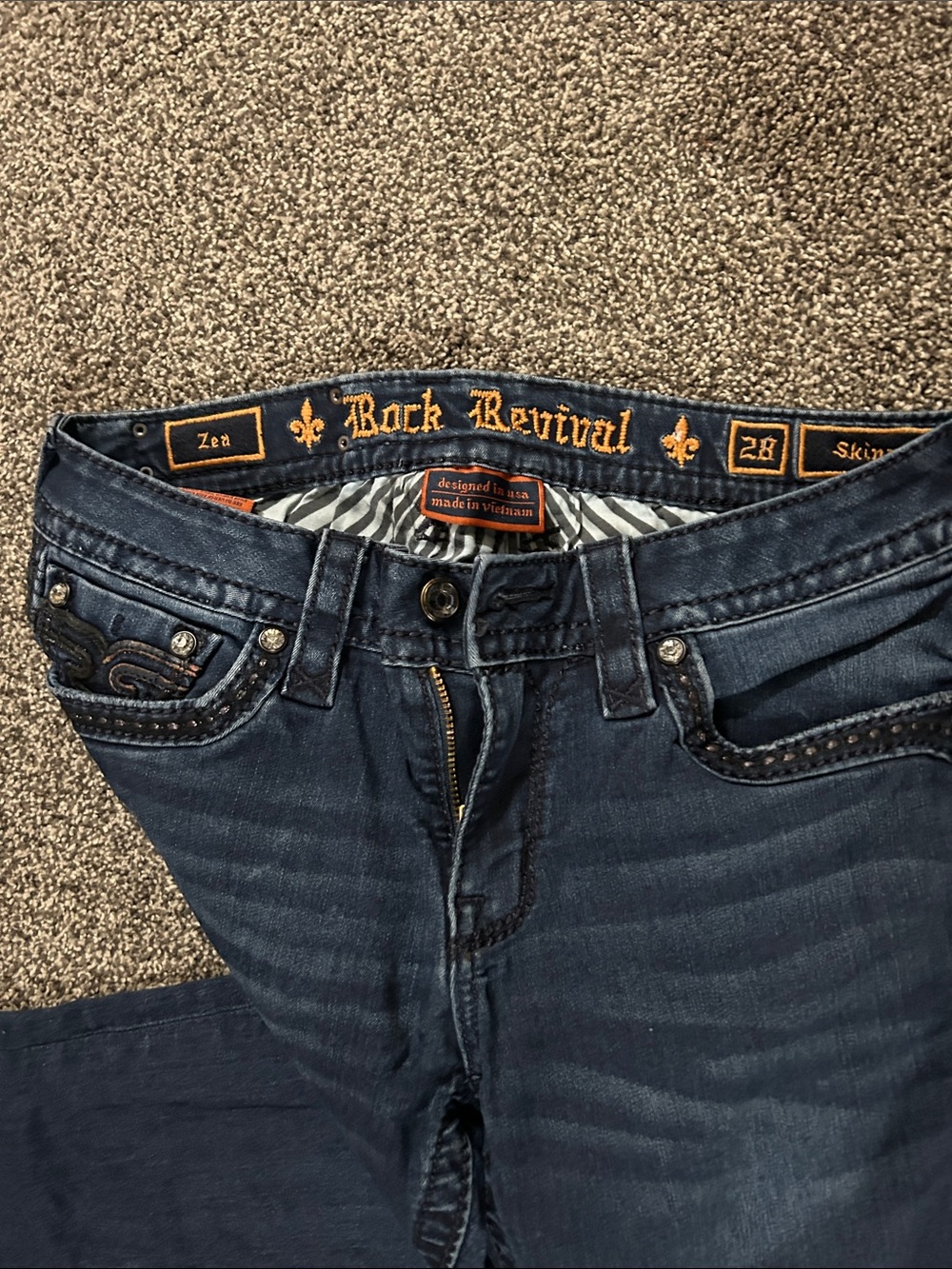 Rock Revival Blue Denim Jeans with Black Embroidered Pockets - Picture 3 of 6